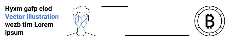 Facial recognition diagram, text elements, Bitcoin symbol showcasing blockcha Stock Illustration