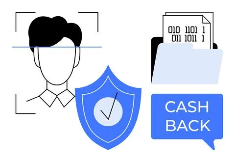 Facial Recognition, Digital Security Shield, Data Files, and Cashback Offer.. Illustrazione stock