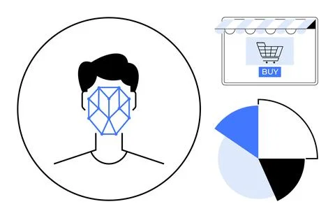 Facial Recognition in E-commerce with Data Analysis and Online Shopping Cart Stock-Illustration