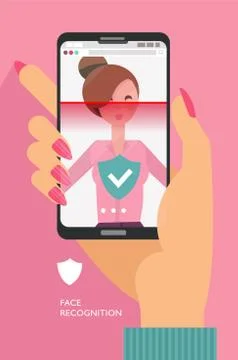 Facial recognition. Face ID, face recognition system. Female Hand holding sma イラスト素材