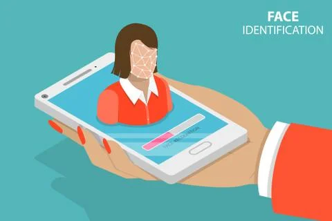 Facial recognition flat isometric vector conceptual illustration. Stock Illustration