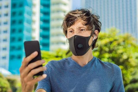 Facial recognition grid overlay. Face Recognition In Medical Mask Using Stock Photos