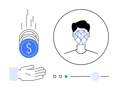 Facial recognition grid on a persons face, falling coins, and an open hand. I Stock Illustration