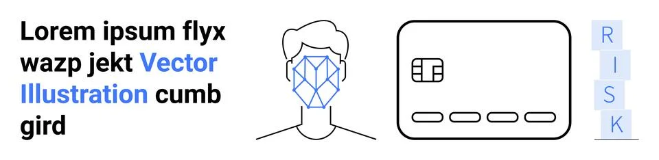 Facial recognition on a human head next to a credit card, linked to the word  Stock Illustration