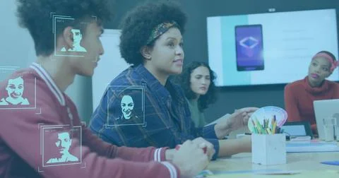 Facial recognition image over diverse business team discussing in meeting room Stock Illustration