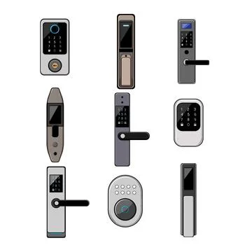 Facial recognition lock set cartoon vector illustration Stock Illustration