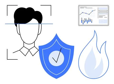 Facial recognition scan, shield with check mark, flame icon, and analytics da Stock Illustration