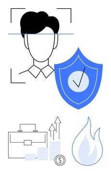 Facial recognition with secure shield, growth chart, briefcase, money, and .. Stock Illustration