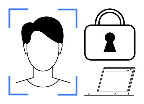 Facial Recognition for Security Access Control with Lock and Laptop Illustrazione stock