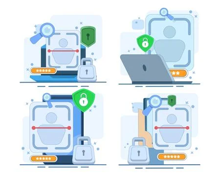 Facial recognition security set featuring biometric identification. 스톡 일러스트
