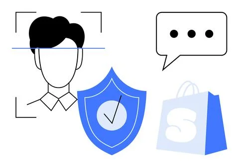Facial recognition, a security shield with a check mark, a speech bubble, and Illustrazione stock