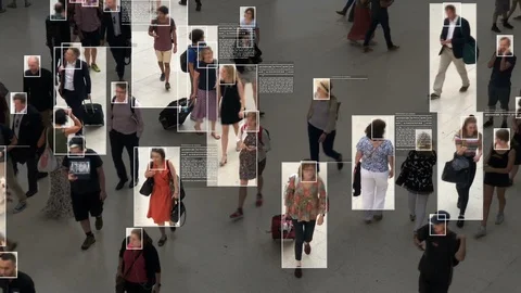 Facial recognition showing personal data for each person. Stock Footage 98764587
