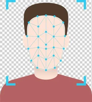 Facial recognition software analyzes a person's face using tracking points .. Illustrazione stock