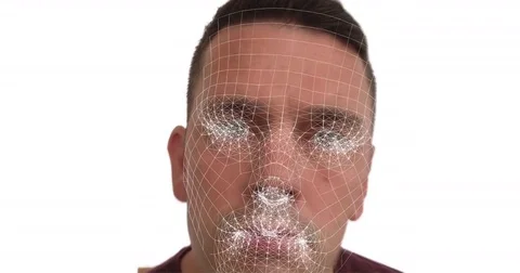 Facial recognition software on a male on a white background Stock Footage 79777196