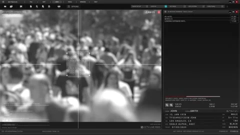 Facial Recognition Surveillance HUD Interface with Real-Time Data Processing Stock Footage 332967499