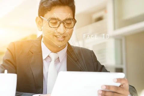 Facial recognition system concept. Biometric verification. Human facial de... Stockfoto's