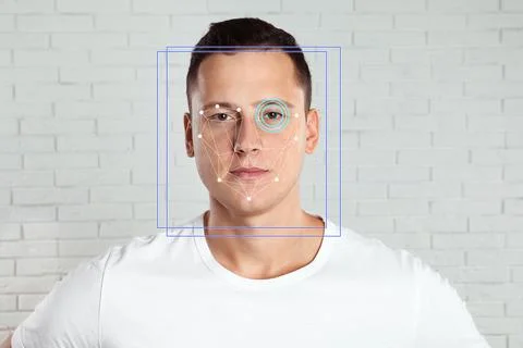 Facial recognition system. Man with scanner frame and digital biometric grid  Stockfoto's
