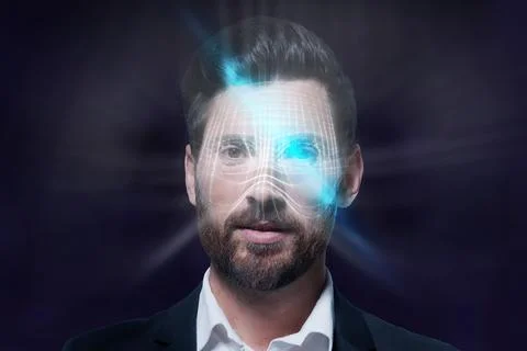 Facial recognition system. Scanning man's face for authentication Foto stock