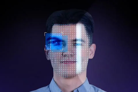 Facial recognition system. Scanning man's face for authentication Foto stock