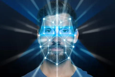 Facial recognition system. Scanning man's face for authentication Foto stock