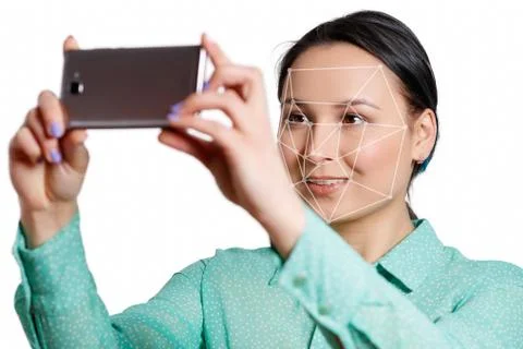 Facial Recognition System of smart phone isolated on white background. Biomet Stock Photos