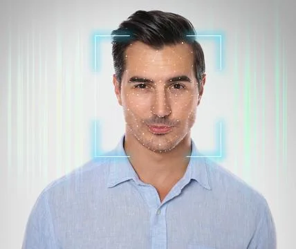 Facial recognition system. Young man with scanner frame and digital biometric 스톡 사진