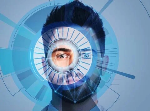 Facial recognition system. Young man scanned by iris and digital biometric gr 스톡 사진