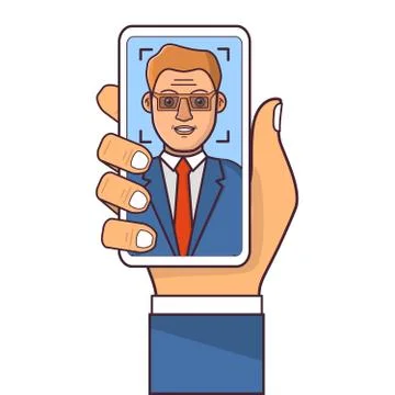 Facial recognition system.Face ID.Human hand holding smartphone. Stockillustratie