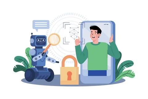 Facial recognition systems use AI for identification. Stock Illustration