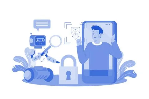 Facial recognition systems use AI for identification. Stock Illustration