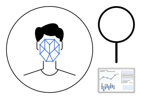 Facial recognition tech depicted with geometric facial mapping. Accompanying  Stock Illustration