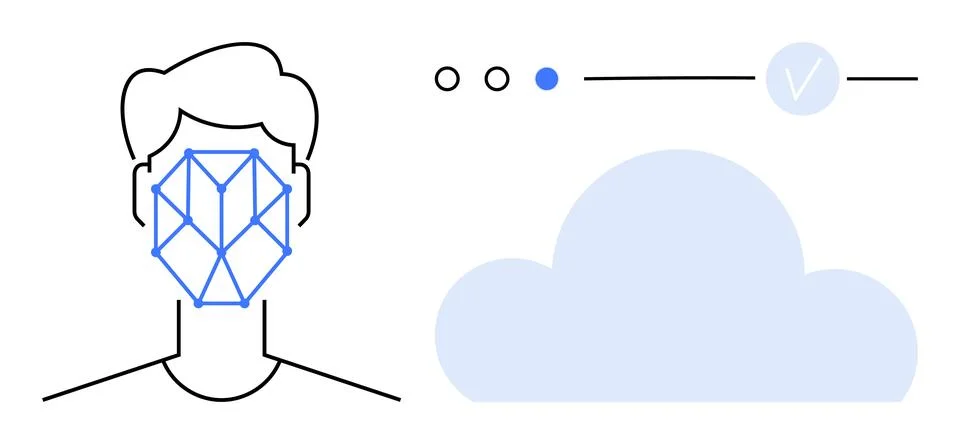 Facial Recognition Technology with Cloud Integration in Blue Vector Graphic イラスト素材
