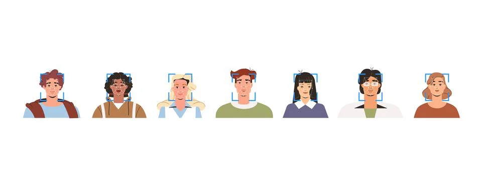 Facial recognition technology of diverse people in flat style Stock Illustration
