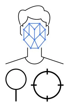 Facial Recognition Technology with Geometric Face Mapping and Target Icons Stock Illustration