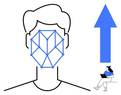 Facial Recognition Technology with Growth Arrow and Person Working on Laptop Illustrazione stock