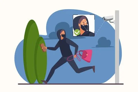 Facial recognition technology to help solve theft, thief running with bag to Stock Illustration