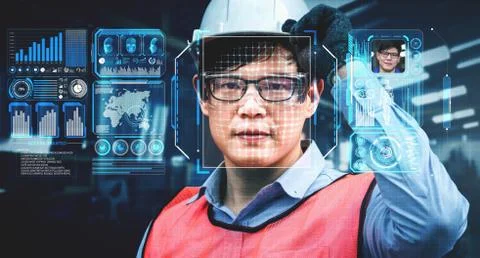 Facial recognition technology for industry worker to access machine control Foto stock