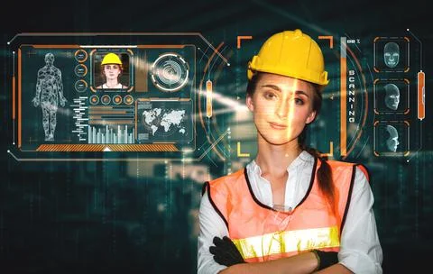 Facial recognition technology for industry worker to access machine control Foto stock