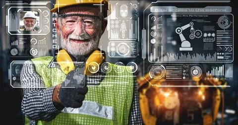 Facial recognition technology for industry worker to access machine control Stock Photos