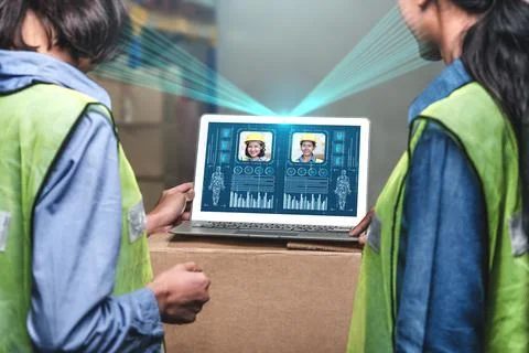 Facial recognition technology for industry worker to access machine control Foto stock
