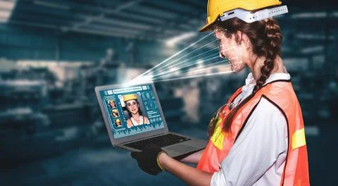 Facial recognition technology for industry worker to access machine control Foto stock