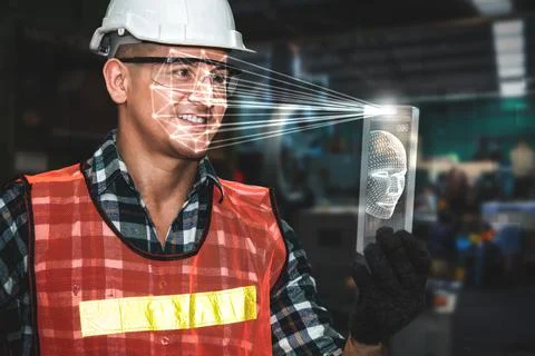 Facial recognition technology for industry worker to access machine control Stock Photos