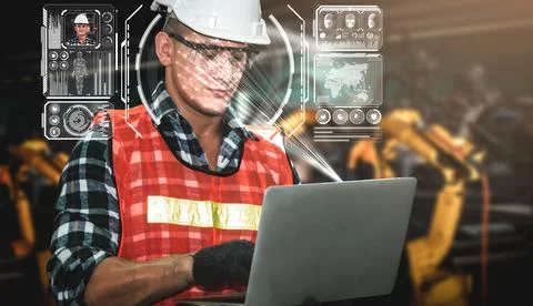 Facial recognition technology for industry worker to access machine control Stock Photos