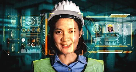 Facial recognition technology for industry worker to access machine control 스톡 사진