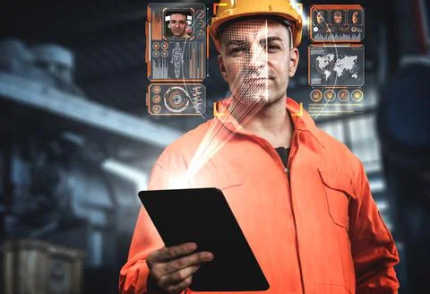 Facial recognition technology for industry worker to access machine control Foto stock