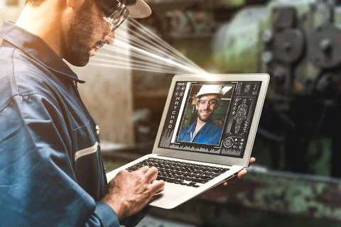 Facial recognition technology for industry worker to access machine control 스톡 사진