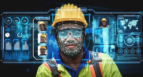 Facial recognition technology for industry worker to access machine control 스톡 사진