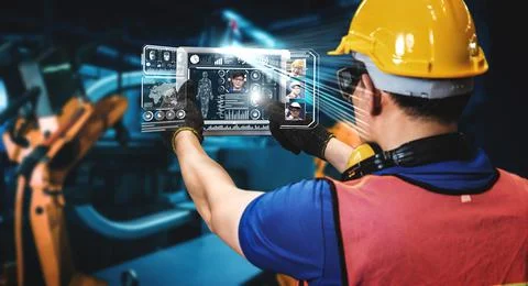 Facial recognition technology for industry worker to access machine control Stock Photos