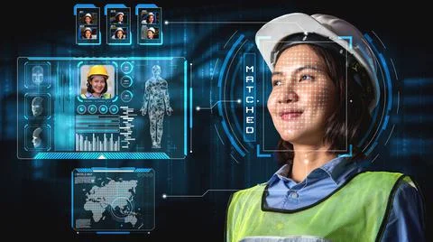 Facial recognition technology for industry worker to access machine control Foto stock
