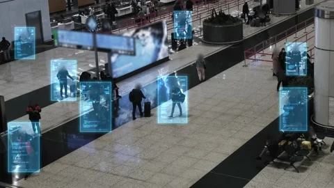 Facial recognition technology scan and detect people face for identification in Video stock 194657179